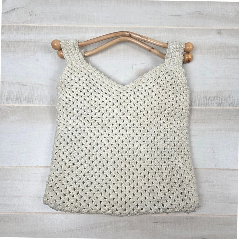 Vtg Mister Ernest Handbag Macrame Crochet Tote Bag Bamboo Wood Handle Cream Boho